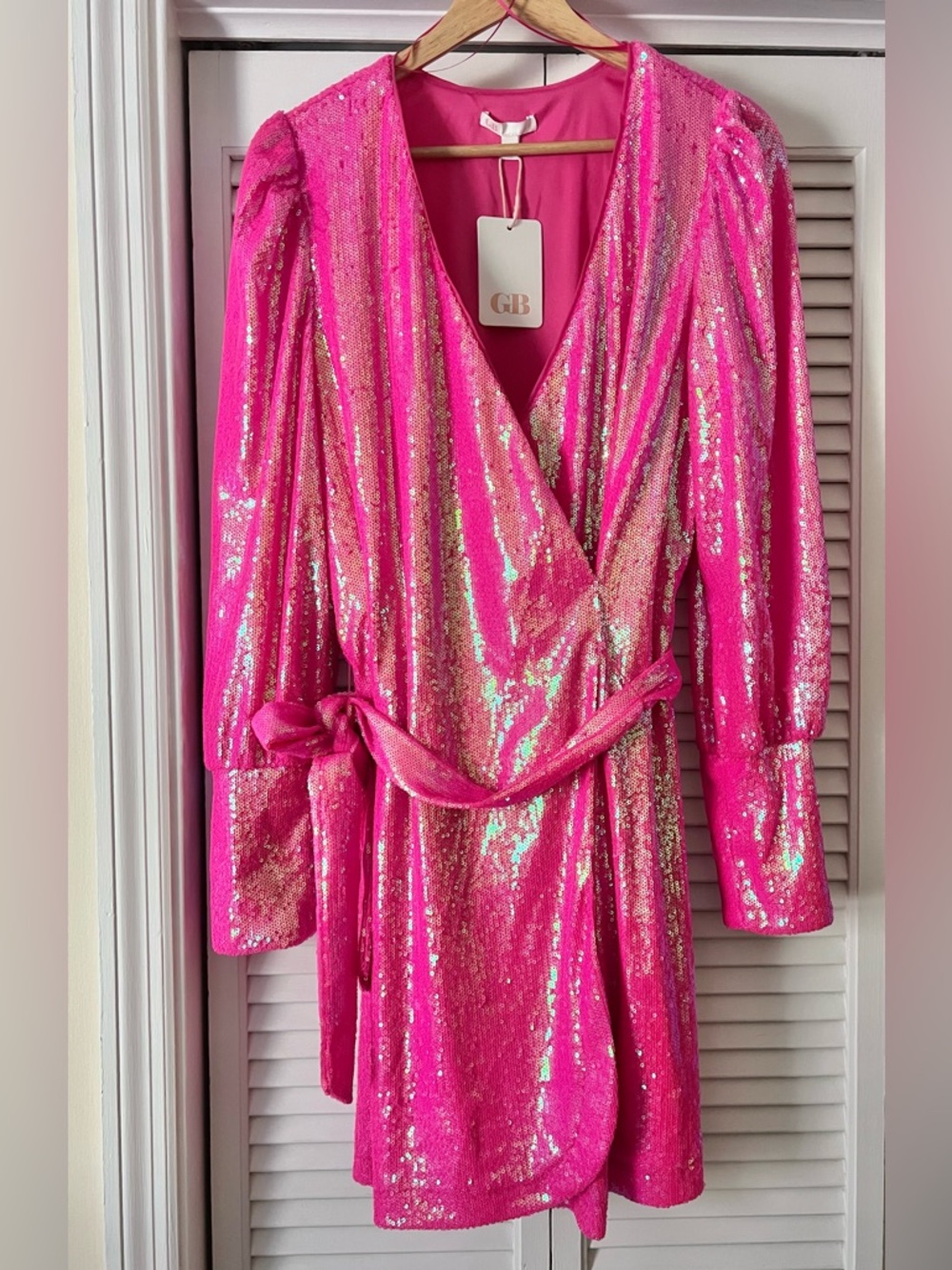 GB Hot Pink Sequin Wrap Dress Long Sleeve Mini Party Dress Size L NWT
